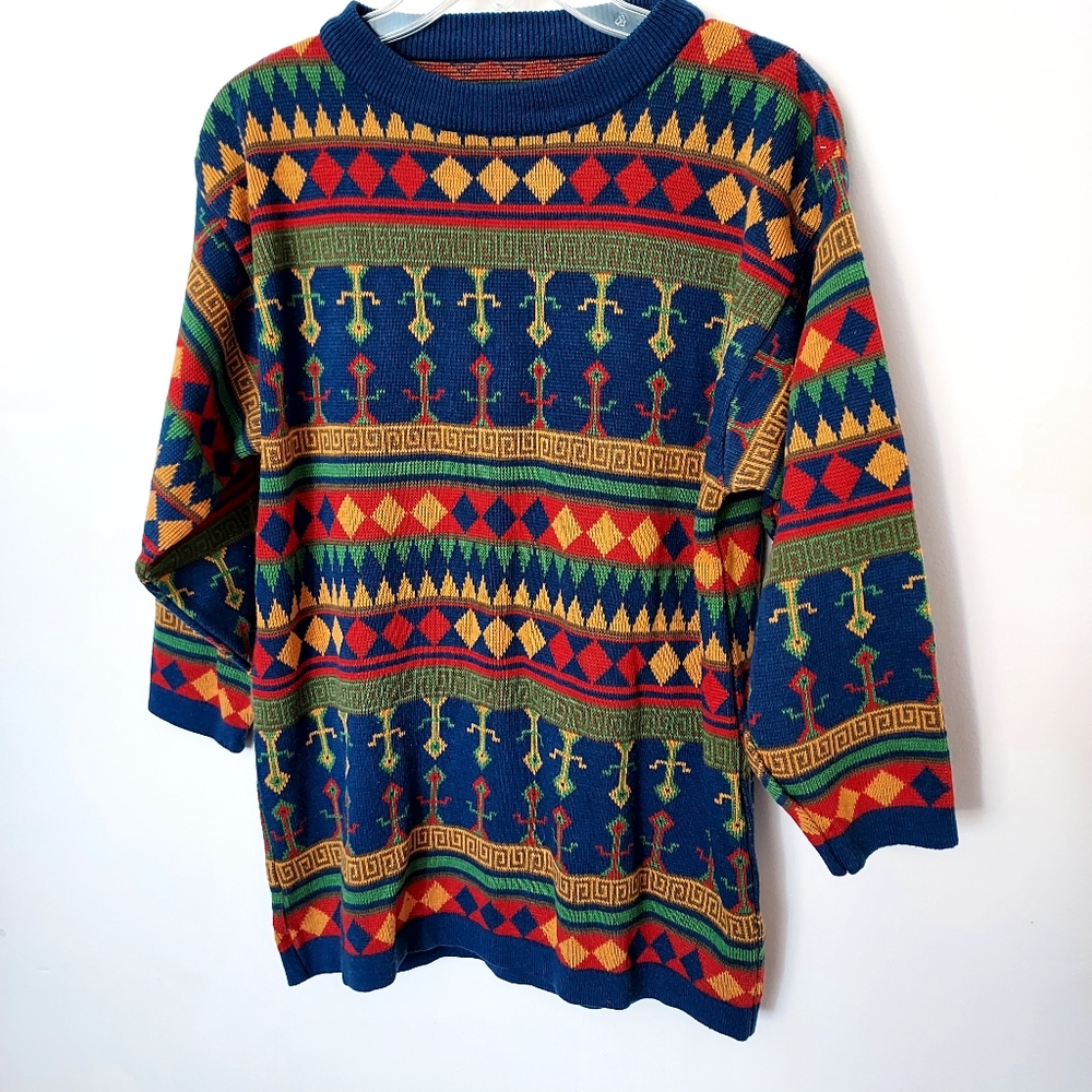 Bold Vibrant geometric patterned sweater Grandmacore Quirky Artsy Fall Winter